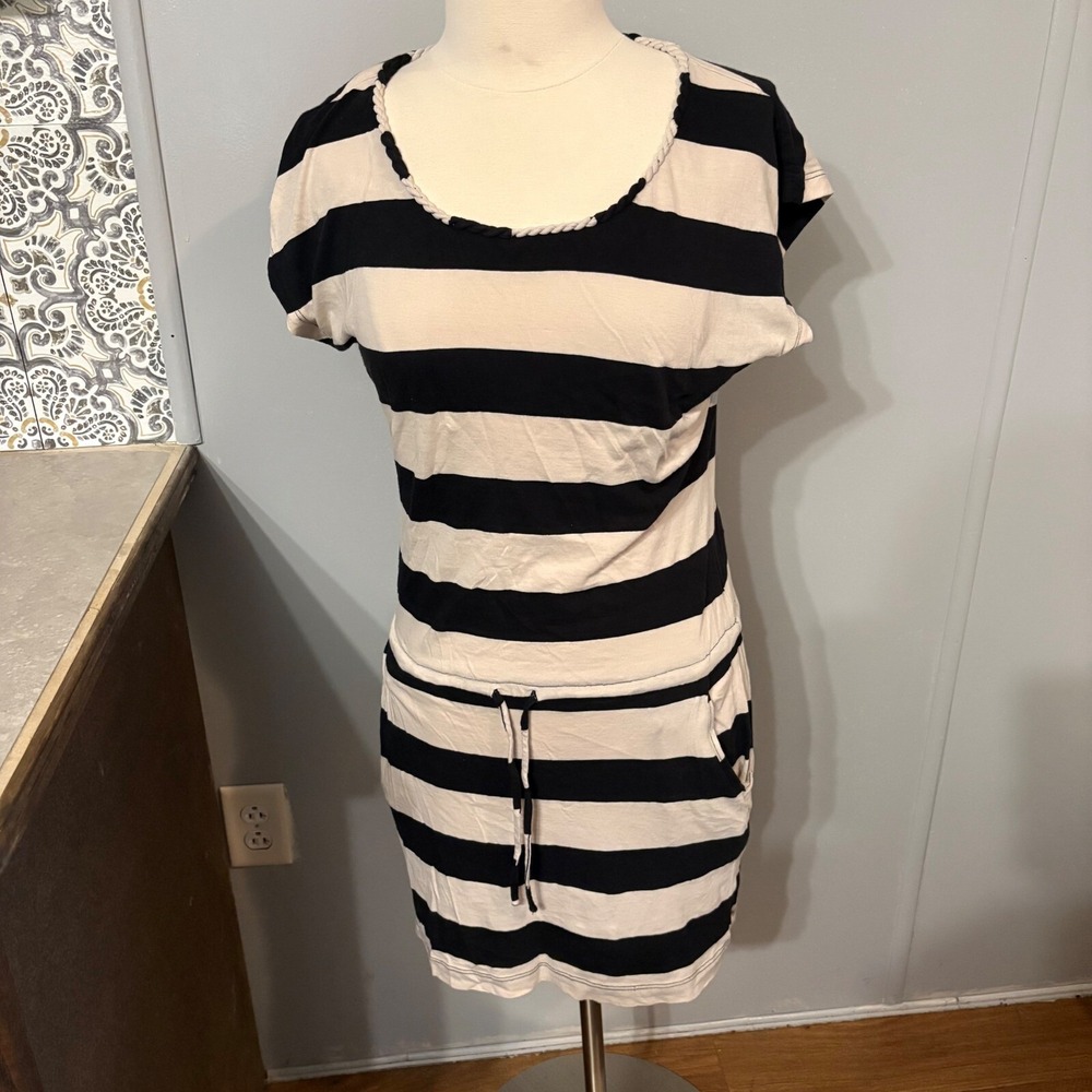 Banana Republic Black / Tan Striped Short Sleeve Casual Dress (Women's Small)